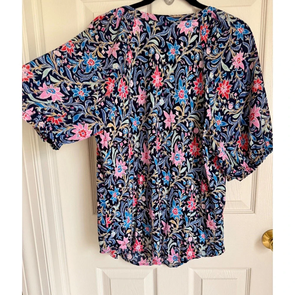 LOFT Womens XL Navy Blue Floral Paisley Split Neck Puff Sleeve Rayon Knit‎ Top